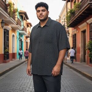 Toscano‎ Mens XXL Black Geometric Resort Short Sleeve Button Up Silk Blend Shirt